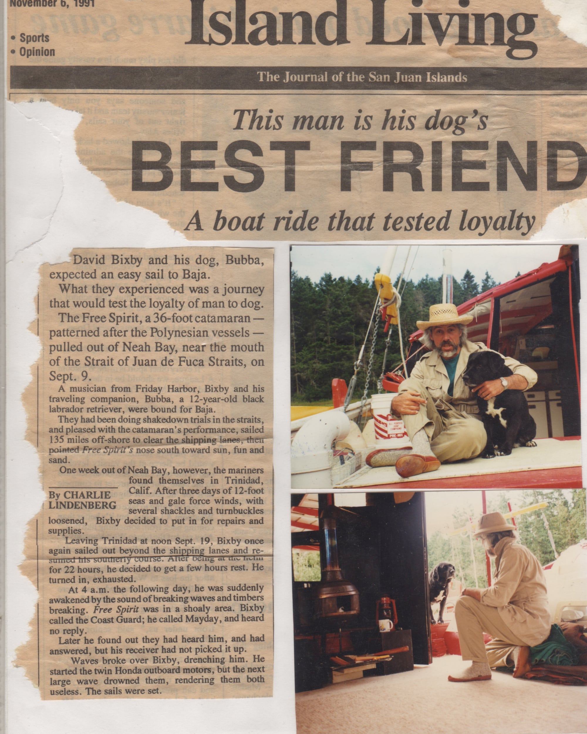 Dave Bixby and his dog, Bubba, who was his only companion at sea. News clippings courtesy of Dave Bixby.