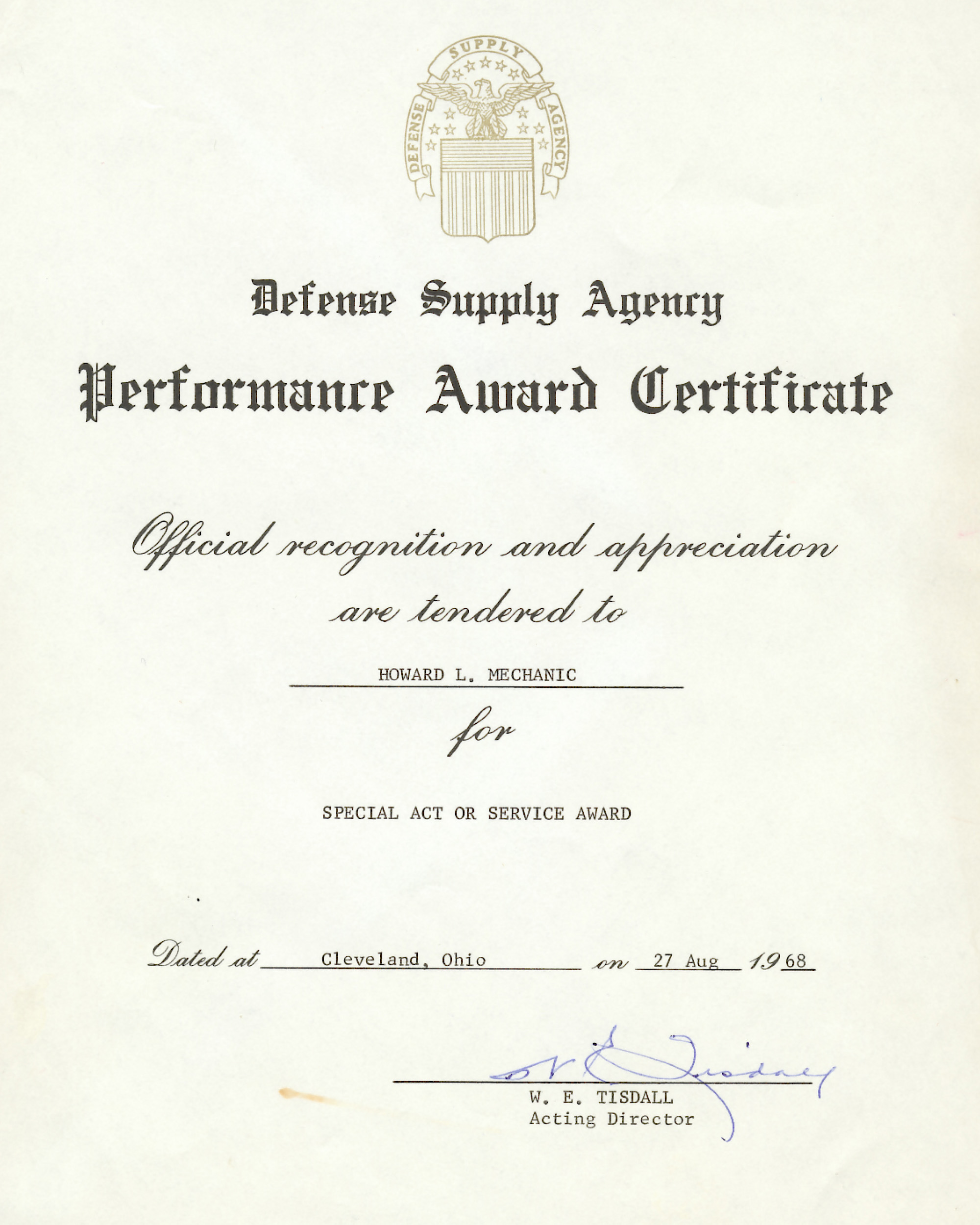 The performance award given to Howard during his tenure at the Defense Supply Agency. Image courtesy of Howard Mechanic.