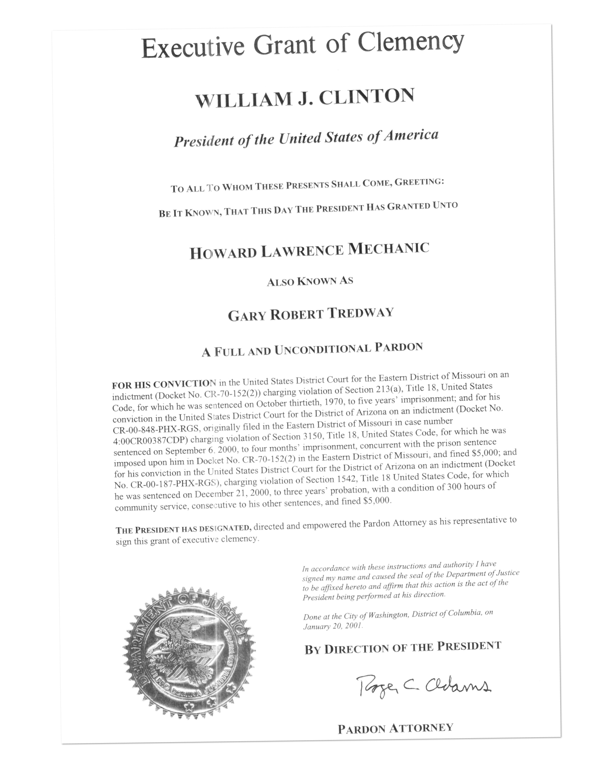 The official pardon from President Clinton. Image courtesy of Howard Mechanic.