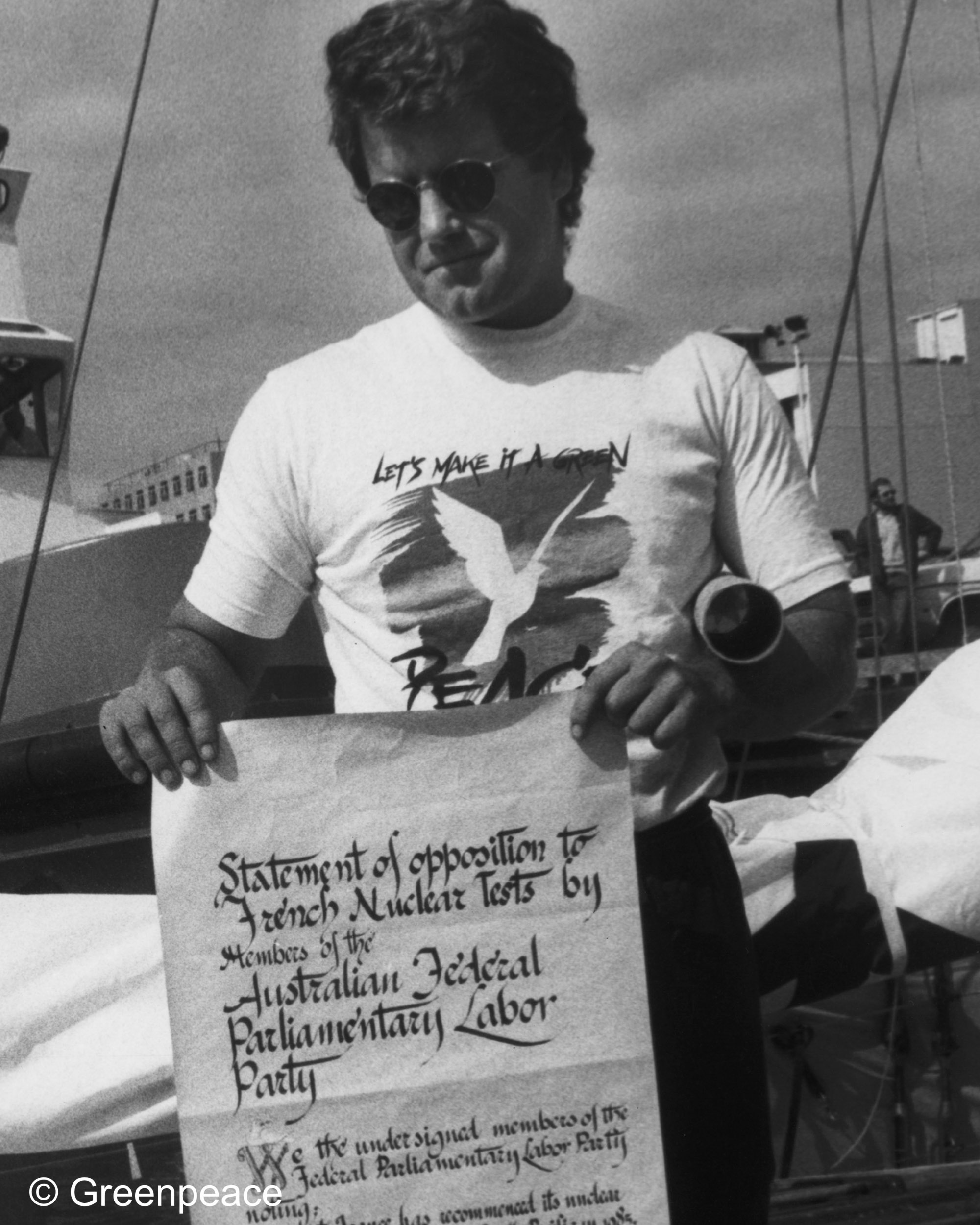 Peter on the Rainbow Warrior. Image courtesy of Greenpeace.