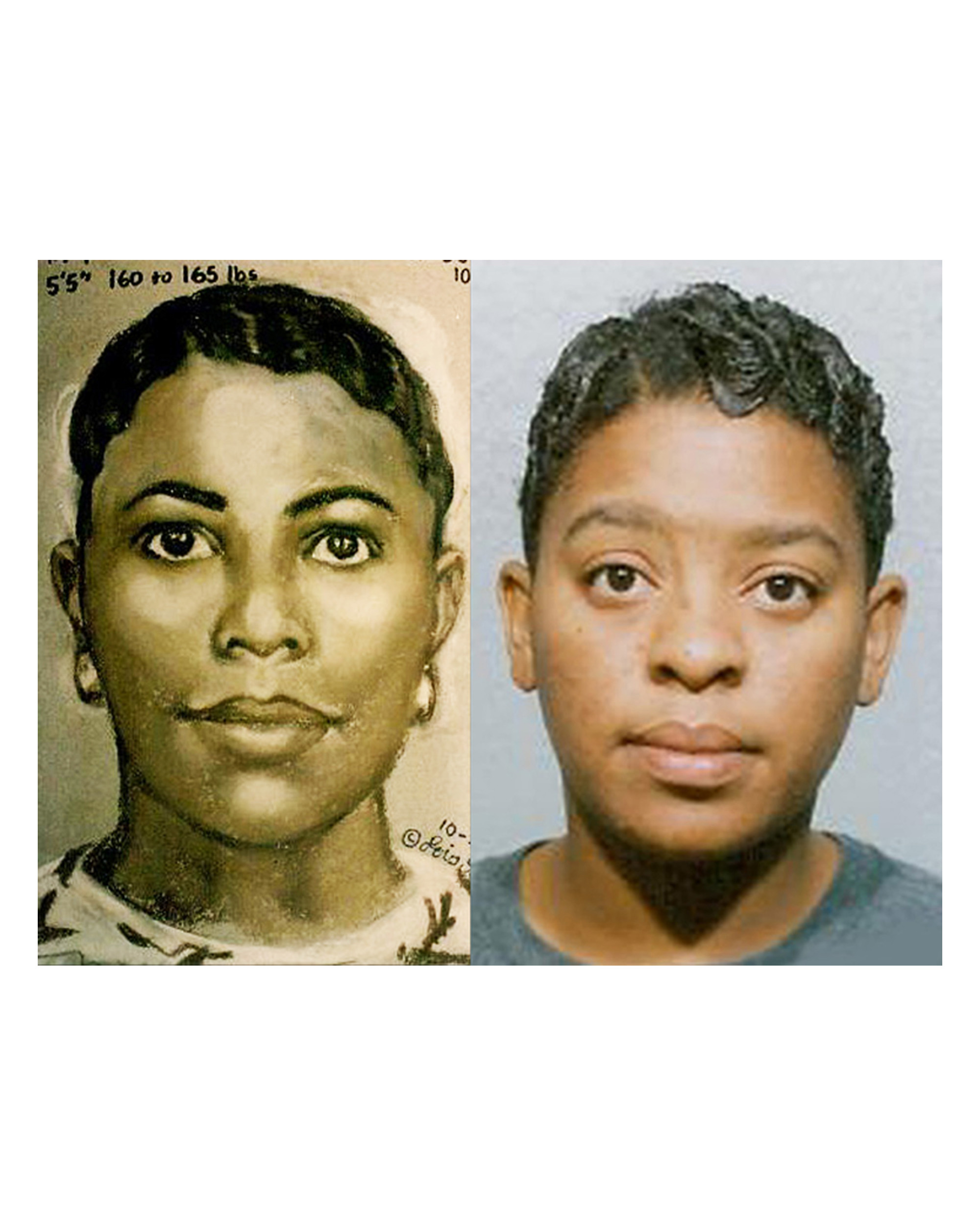 After the kidnapping of a 10-month old child from the maternity ward, this sketch led to the arrest of the woman  on the right. Image courtesy of Lois Gibson.