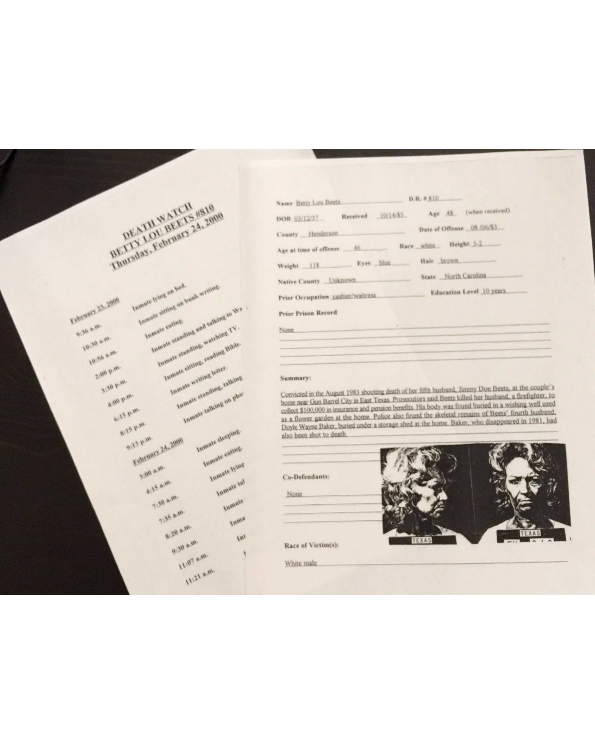 A case file and death watch log for Betty Lou Beets, the first woman Michelle saw executed.