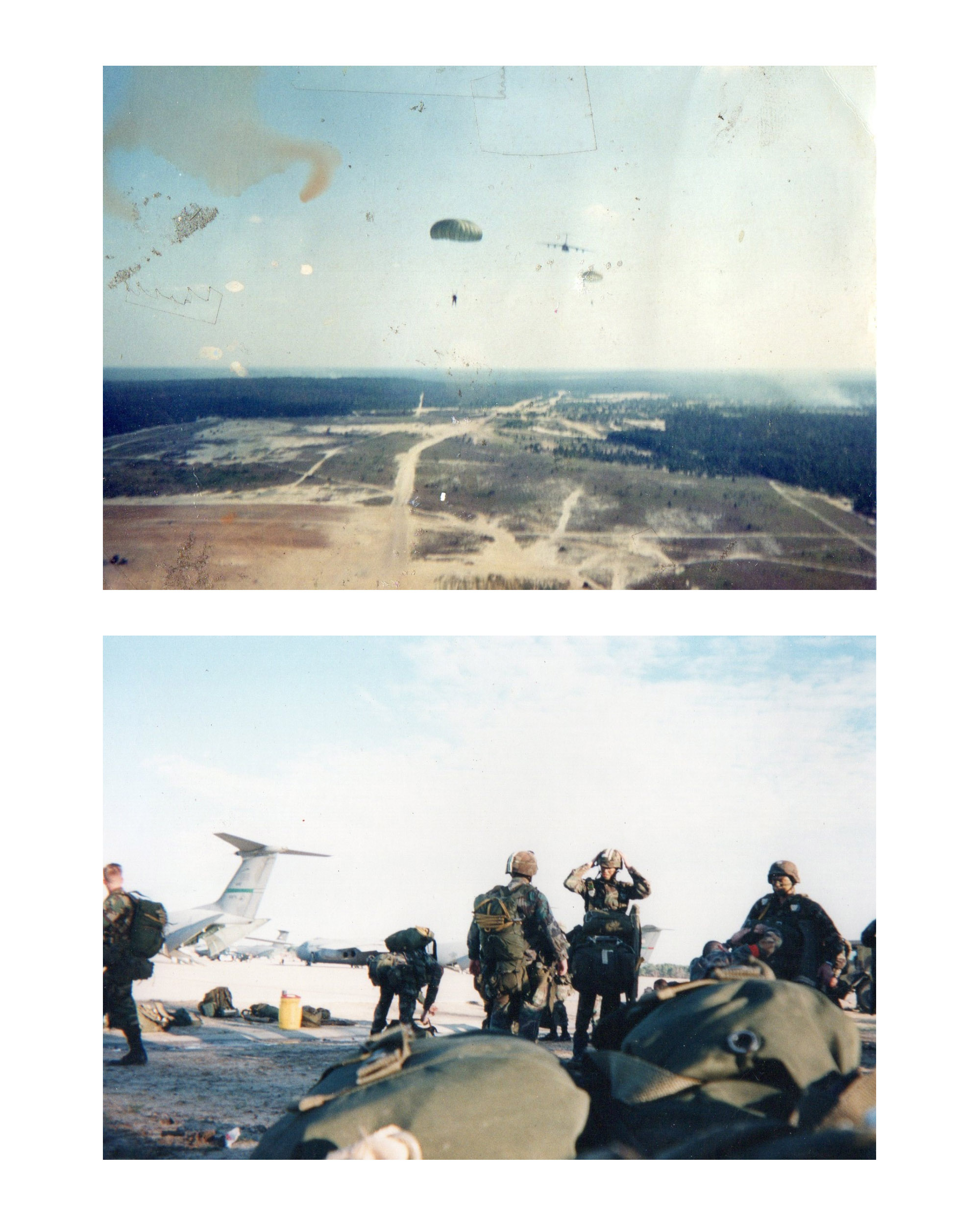 Above, mid-jump, taken with a disposable camera. Below, Preparing for a jump with the 82nd Airborne at Fort Bragg, NC. Images courtesy of Hector Barajas.