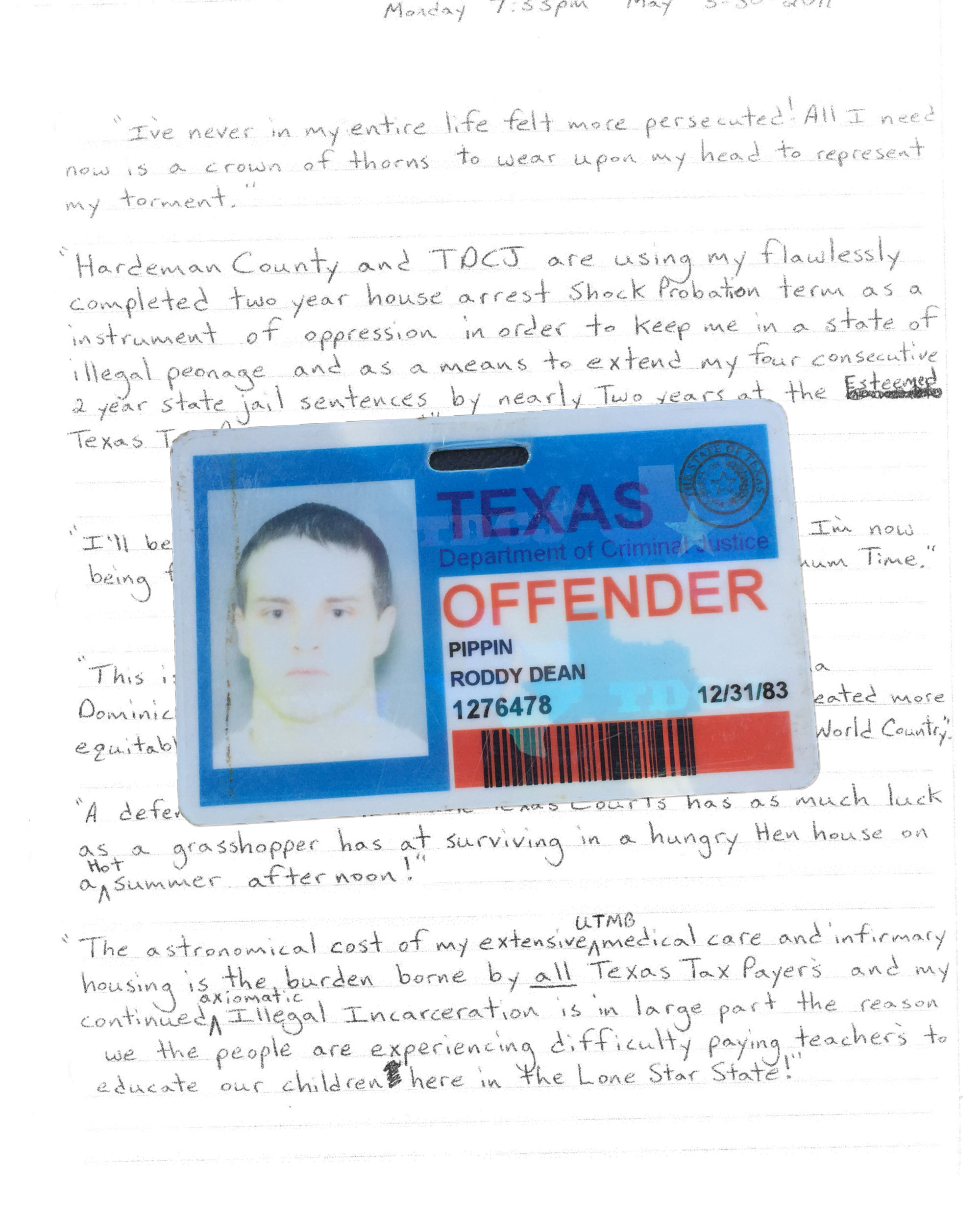 Roddy's inmate card along with just one of the letters he would regularly write to investigative journalist Brandi Grissom. Courtesy of Roddy Pippin.